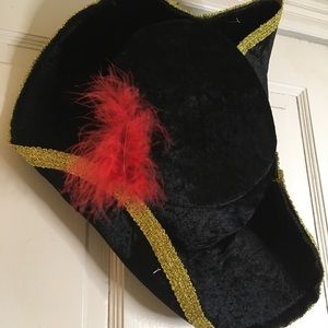 Black Velvet Pirate Hat w Red Feather & Gold Trim